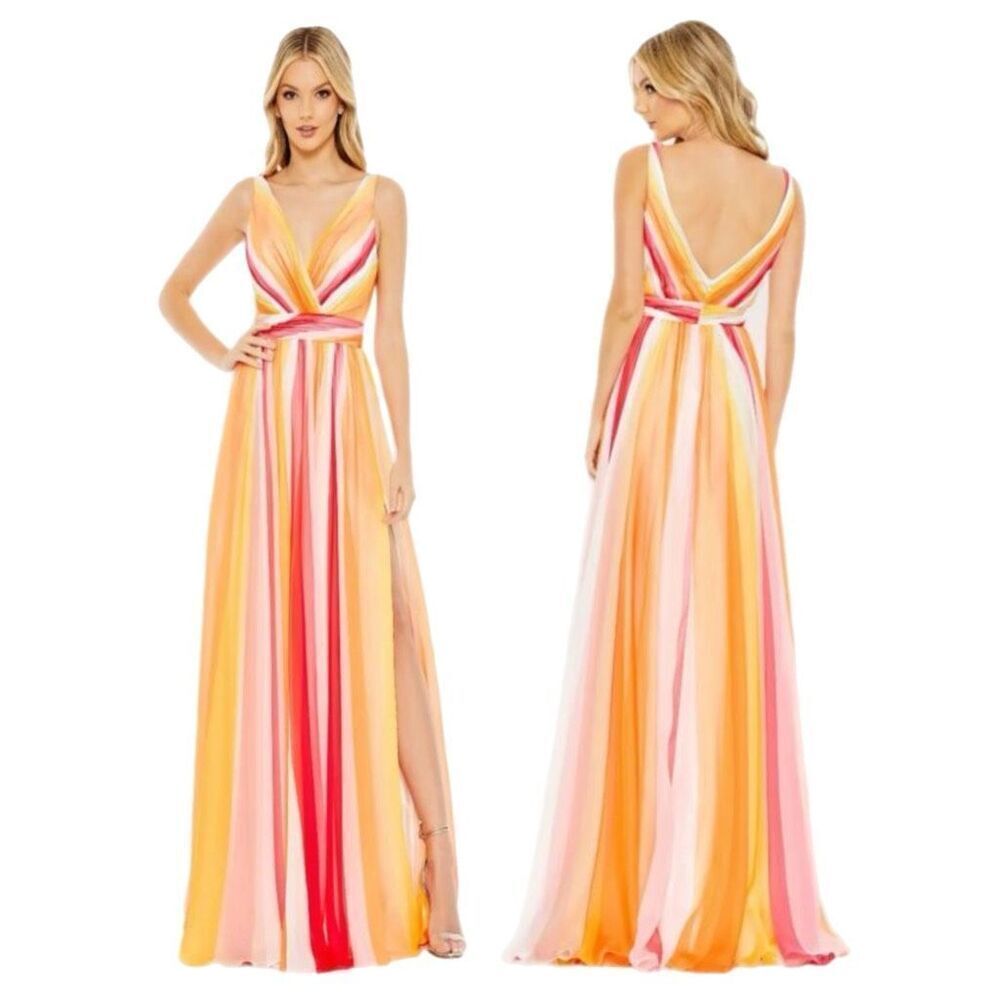 Mac Duggal #68151  Stripe multi colored A-Line Side Slit Dress.  Size 2